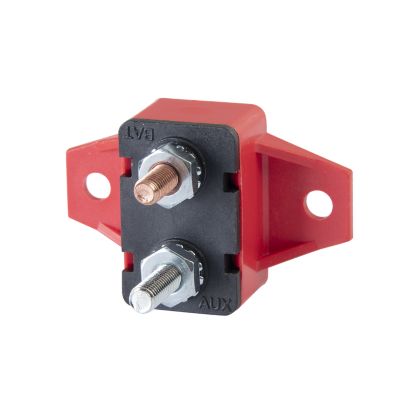 Red Optifuse auto reset short stop circuit breaker with right angle mount, featuring two metal terminals.