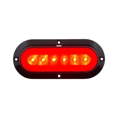 Oval LED stop, tail, turn light with bright red glow, featuring 22 diodes and surface mount design on a black frame.