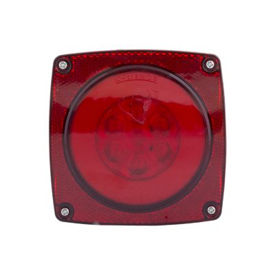 Red combination tail light with a stud mount design, featuring circular LED elements at the center, ideal for vehicles.