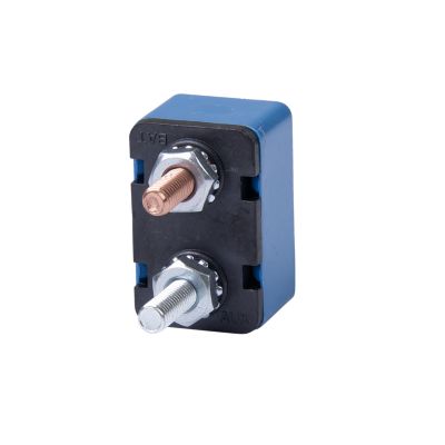 Blue 15A Optifuse auto reset plastic circuit breaker with metal pins.