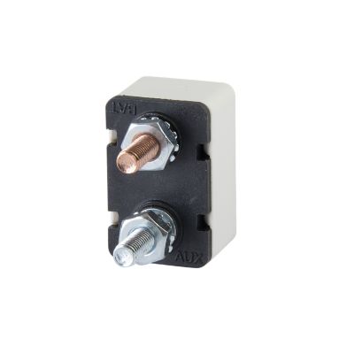 Gray plastic auto reset circuit breaker, Optifuse, with visible terminals for electrical connections.