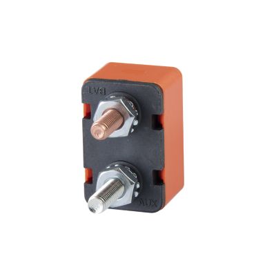 Orange Optifuse auto reset circuit breaker, plastic, no mount, with bolts and labeled connections.