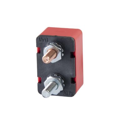 Red auto reset circuit breaker with metal terminals and durable plastic casing, suitable for automotive electrical systems.