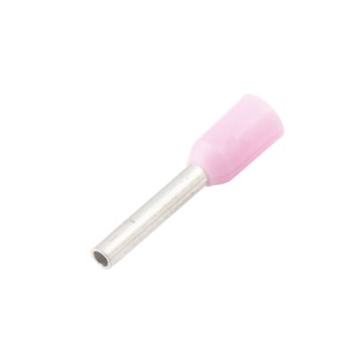 Pink insulated wire ferrule with metal pin tip, designed for electrical connections in 24 gauge wiring systems.