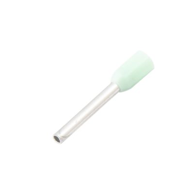 Turquoise insulated wire ferrule with a slender pin and tubular design, ideal for secure electrical connections.