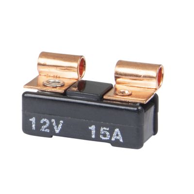 Snap-in circuit breaker with copper terminals, labeled 12V and 15A, on a compact black body for universal use.