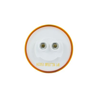 Round LED side marker light with a white base and orange rim, showcasing the connector detail.