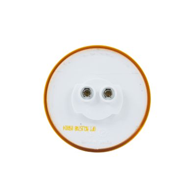 Round LED side marker light with a sealed amber lens and dual connectors, ideal for vehicle visibility and safety.