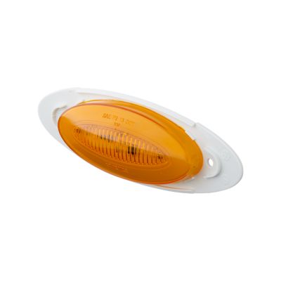 Amber oval automotive light with white housing, featuring a sleek design and horizontal ridges for enhanced visibility.