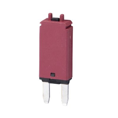 Red manual reset MINI circuit breaker with blade style design, 10 Amp rating, isolated on white background.