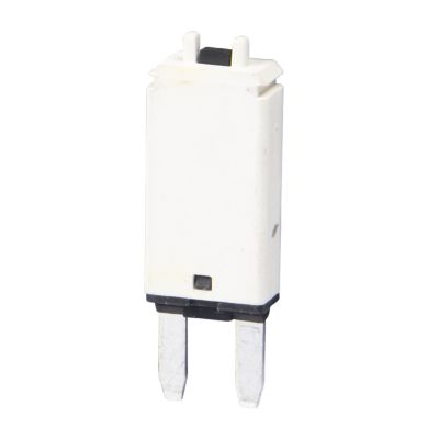 White manual reset MINI circuit breaker, blade style, 25 amp, shown vertically on a plain background.