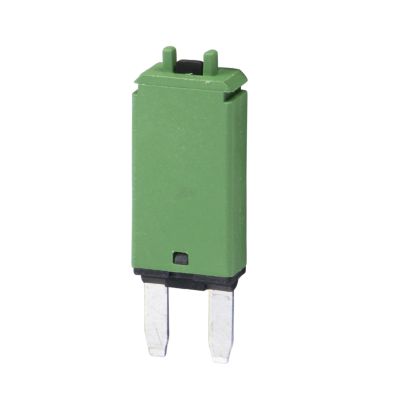 Green manual reset MINI circuit breaker with blade style design, 30 amp capacity. Ideal for automotive electrical systems.