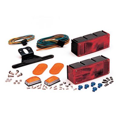 Waterproof trailer light kit with lights, license plate bracket, amber marker lights, yellow reflectors, harness, hardware.