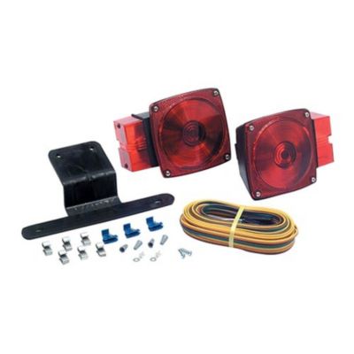 Submersible trailer light kit with red lights, license plate bracket, wiring harness, and mounting hardware.