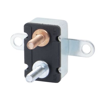 Modified stud mount circuit breaker with mounting bracket, metal finish, featuring two terminals for electrical connections.
