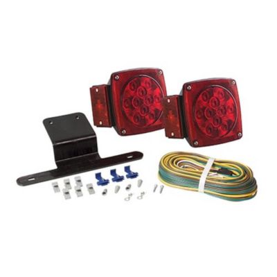 Optronics tail light kit with lights, harness, license plate bracket, and mounting hardware for vehicle installation.
