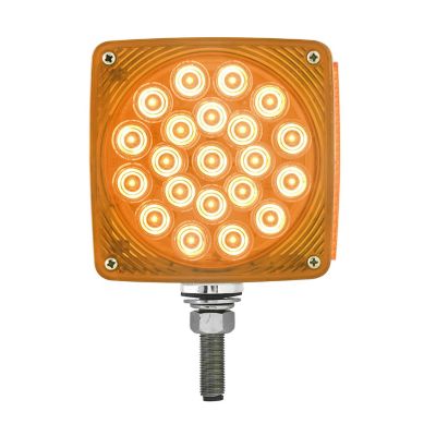 Square LED pedestal mount light with amber glow, featuring multiple illuminated circles and a sturdy mounting base.