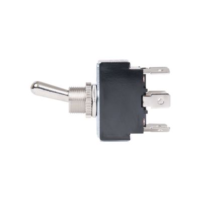 DPDT heavy-duty toggle switch with metallic lever and sturdy casing, designed for motor-rated applications.
