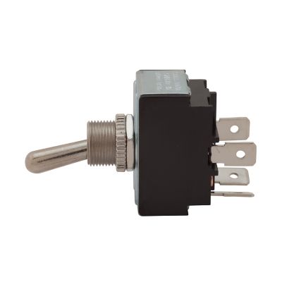 Heavy-duty DPST toggle switch with flat terminal design featuring durable metallic components and sturdy housing.