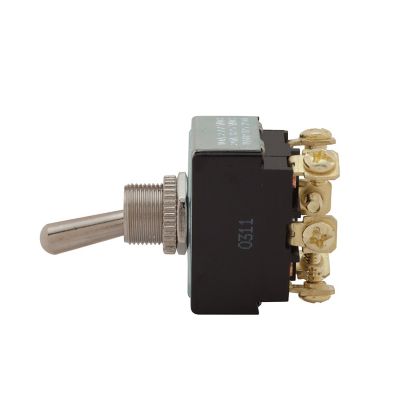 Heavy-duty DPDT toggle switch with screw terminals, metallic lever, and black housing, ideal for industrial use.