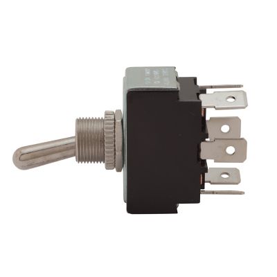DPDT On-On toggle switch with a flat terminal in a side view, highlighting the assembled components and metal finish.