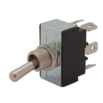 Sealed DPDT toggle switch with flat terminal in assembled state. Silver toggle lever and metal casing.
