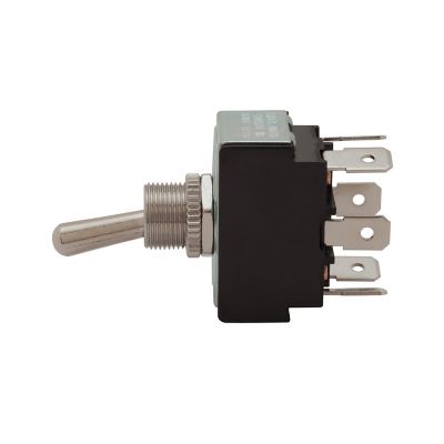 Heavy-duty DPDT flat terminal toggle switch with metal lever and multiple connection points, ideal for robust applications.