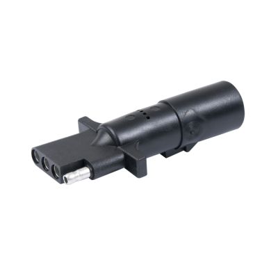Black 4-way round to 4-way flat trailer connector adapter with durable design for efficient towing connections.