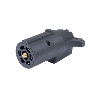 Trailer adapter, 7-way RV blade to 5 flat connector, black, compact design, limited stock available.