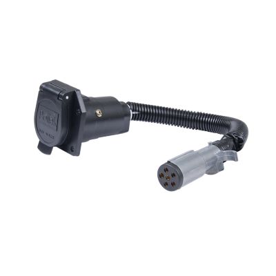 Pollak adapter harness with black 6-way round pin plug and 7-way RV blade socket shown against a white background.