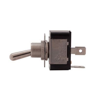 Heavy-duty SPST toggle switch with flat terminal design, featuring a sturdy metal lever and durable housing.