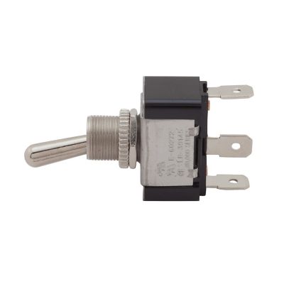 Heavy-duty SPDT toggle switch with flat terminals, featuring a metal lever and durable casing for reliable performance.