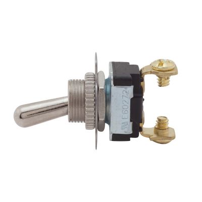 Medium-duty screw terminal toggle switch with SPST configuration, featuring metal lever and secure terminal connectors.
