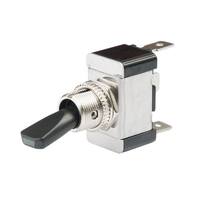 Green LED toggle switch with SPST ON-OFF functionality, suitable for DC applications, featuring a metal design.