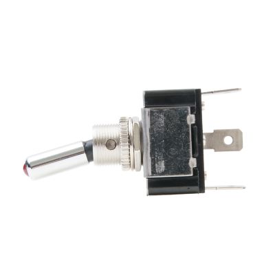 LED tipped toggle switch with bat handle, metal casing, and dual connectors on a white background.