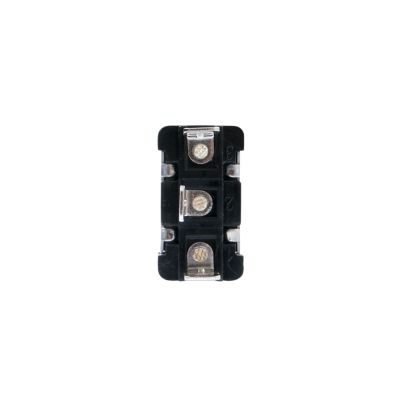Close-up of LED tipped toggle switch with black plastic handle and metallic connectors.
