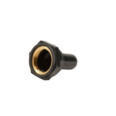 Black toggle switch boot with a hexagonal base and threaded interior, designed for protective covering and durability.