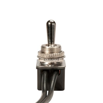 Medium duty pre-wired SPST toggle switch with metallic lever and black casing, featuring connected wires.