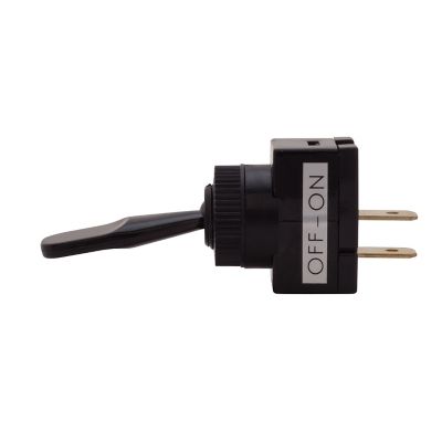Black SPST toggle switch showcasing an on-off label and two prongs.