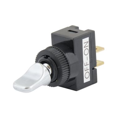 Wedge & Duckbill Toggle Switch, black casing with chrome lever, labeled "OFF-ON," used for SPST electrical applications.
