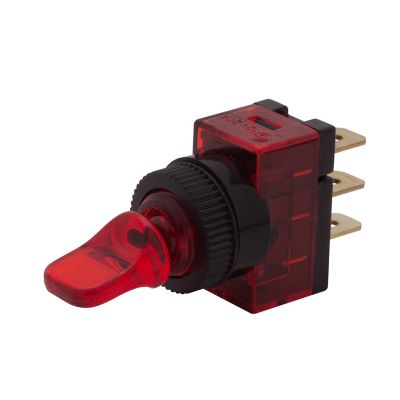 Red SPST ON-OFF illuminated duckbill toggle switch for DC applications, featuring a distinctive ergonomic design.
