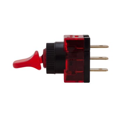 Red illuminated duckbill toggle switch, SPST, with metallic terminals and a clear casing, perfect for control panels.