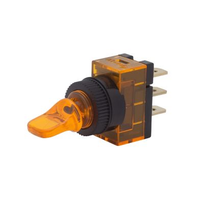 Amber SPST ON-OFF illuminated duckbill toggle switch, designed for DC applications, featuring a unique ergonomic shape.