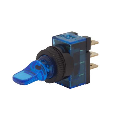 Blue illuminated duckbill toggle switch, SPST ON-OFF, DC rated, featuring a unique design for electrical use.