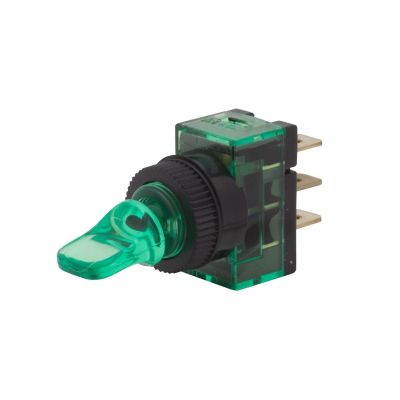 Green illuminated SPST toggle switch with duckbill handle, DC rated, featuring a distinct on-off function.