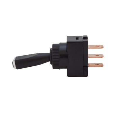 LED black toggle switch SPST with sleek design and copper prongs, perfect for simple electrical applications.