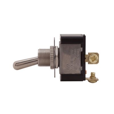 Heavy-duty toggle switch with screw terminals, side view showing metallic lever and robust black housing.