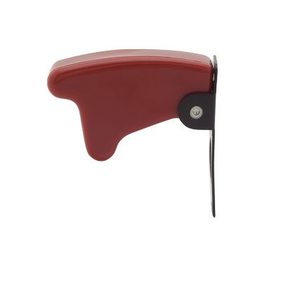 Red toggle switch guard with black hinge, side view.