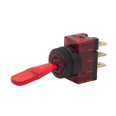 Red illuminated SPST toggle switch with ON-OFF functionality, designed for DC applications only.
