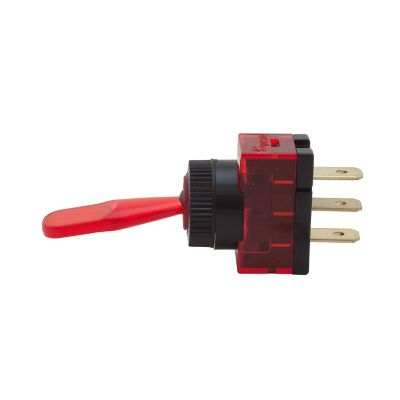 Red illuminated wedge toggle switch with a translucent casing and metal terminals, designed for easy control and visibility.